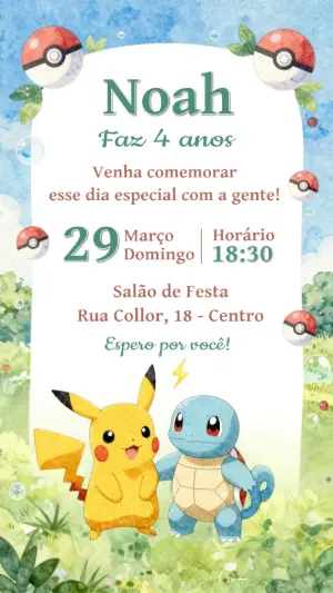 Convite de Aniversário Pokémon Aquarela para Editar Online