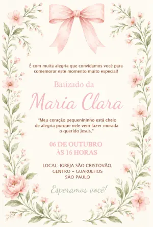 Convite de Batizado Floral com Laço Delicado para Editar