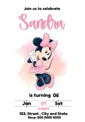 Minnie Mouse Pink Watercolor Birthday Invitation Template