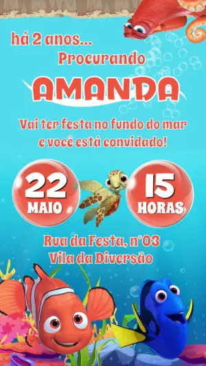 Convite de Aniversário Procurando Nemo e Dory Editável