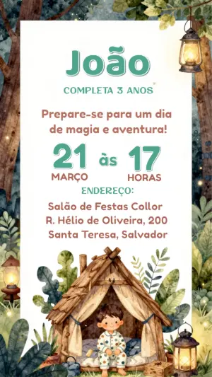 Convite Digital Aniversário Aventura na Floresta Editável