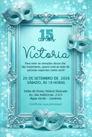 Convite 15 anos Baile de Máscaras Azul Tiffany Editável