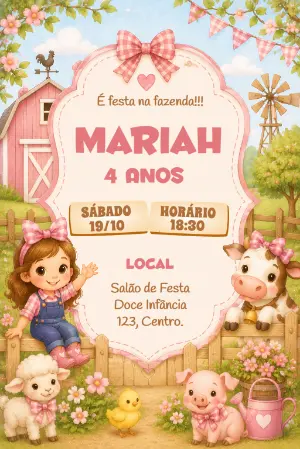 Convite de Aniversário Fazendinha Menina Editável
