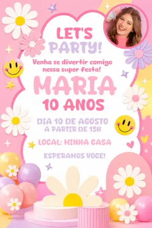 Convite de Aniversário Margarida e Emoji com Foto para Editar