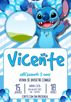 Convite de Aniversário Stitch Azul e Branco para Editar Online