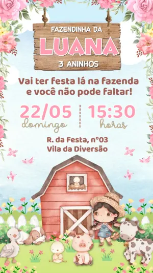 Convite Aniversário Fazendinha Rosa Aquarela Editável