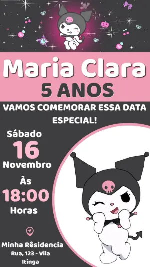 Convite de Aniversário Kuromi: Modelo Digital para Editar