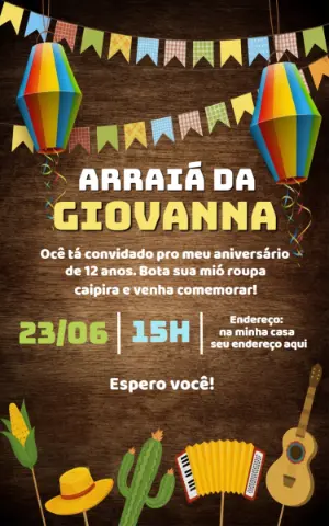 Convite de Aniversário Festa Junina Rústico para Editar