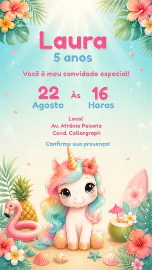 Convite de Aniversário Unicórnio Tropical Editável