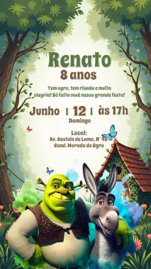 Convite de Aniversário Shrek com Personagens para Editar Online