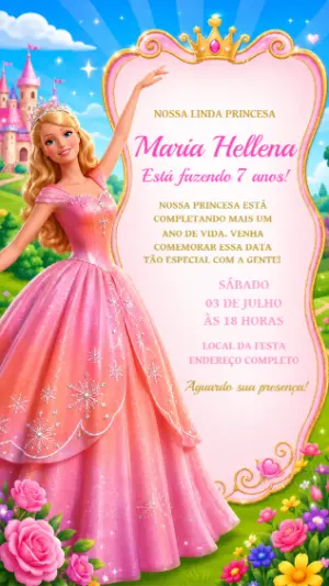 Convite de Aniversário Barbie Princesa Rosa para Editar