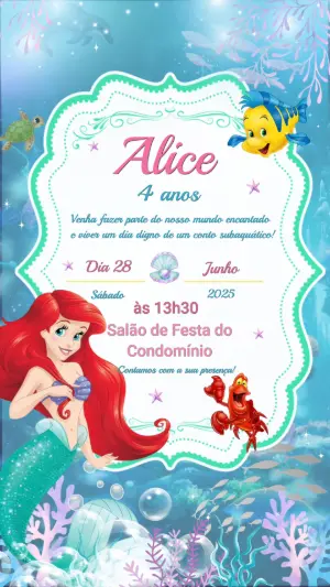 Convite Animado Aniversário Pequena Sereia para Editar