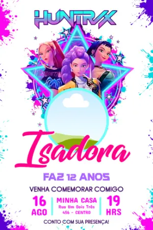 Convite de Aniversário Huntrix K-pop com Foto para Editar