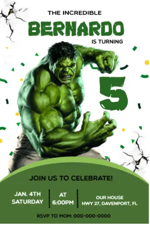 Incredible Hulk Birthday Invitation Editable Template