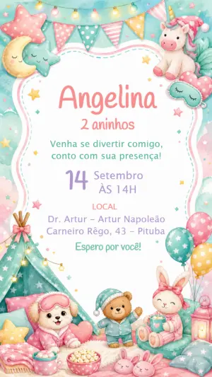 Convite de Aniversário Festa do Pijama Aquarela Editável