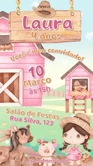 Convite Aniversário Fazendinha Rosa para Editar Online