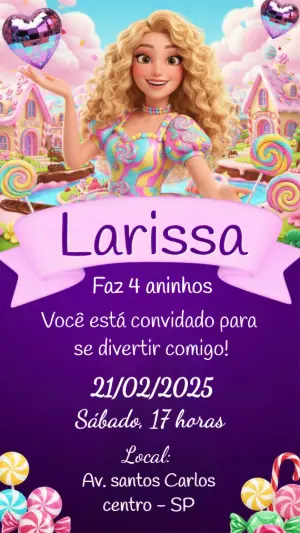 Convite Digital Aniversário Infantil Tema Doces e Princesa Editável