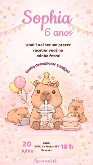 Convite de Aniversário Capivara Fofo Rosa para Editar
