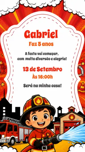 Convite de Aniversário Bombeiro Infantil para Editar Online
