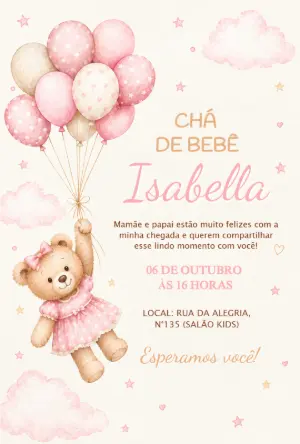 Convite Chá de Bebê Ursinha com Balões Rosa para Editar Online