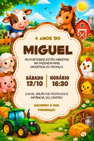 Convite de Aniversário Fazendinha Infantil Editável