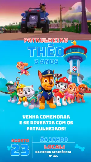 Convite Animado Patrulha Canina: Vídeo de Aniversário para Editar
