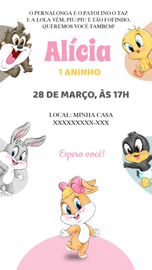 Convite de Aniversário Baby Looney Tunes Fofo para Editar