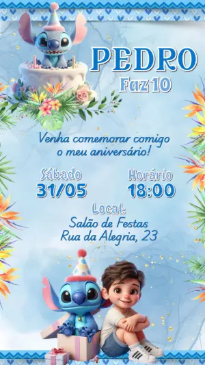Convite de Aniversário Stitch para Editar Online