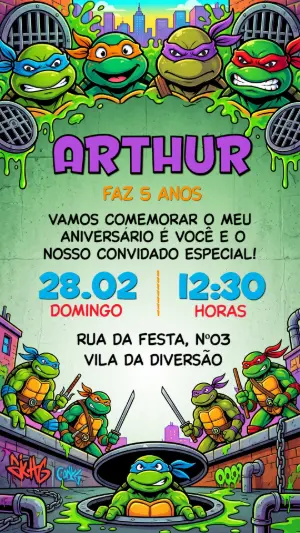 Convite de Aniversário Tartarugas Ninjas Editável