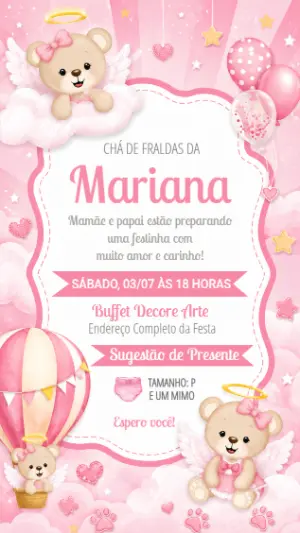 Convite Chá de Fraldas Ursinha Anjo Rosa Editável
