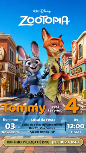 Convite de Aniversário Zootopia Digital Editável Online