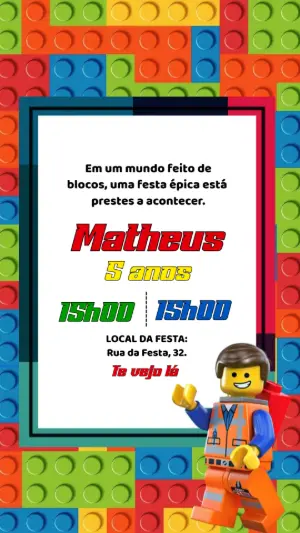 Convite Animado Aniversário Lego para Editar e Enviar Online