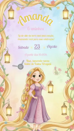 Convite de Aniversário Rapunzel Encantado para Editar