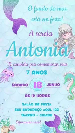 Convite de Aniversário Sereia Fundo do Mar para Editar Online