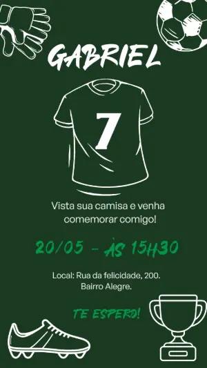Convite de Aniversário Futebol Verde e Branco Editável