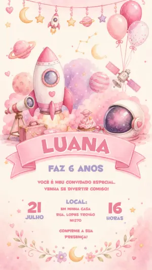 Convite de Aniversário Espacial Menina Rosa para Editar