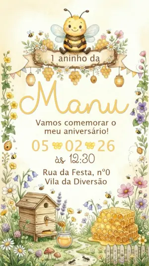 Convite de Aniversário Abelhinha Aquarela para Editar