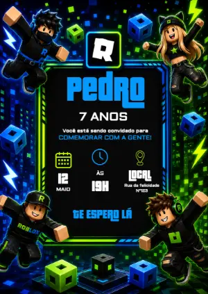 Convite de Aniversário Roblox Neon para Editar
