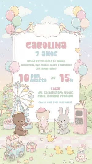 Convite Aniversário Parque de Diversões Fofo Editável Online