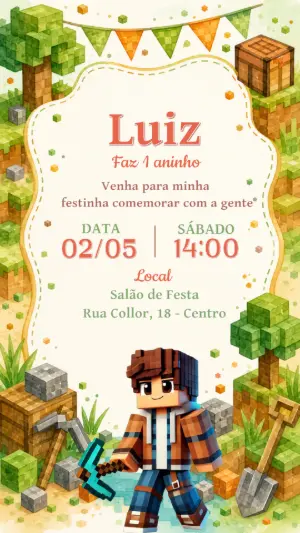 Convite de Aniversário Minecraft Editável Estilo Aquarela