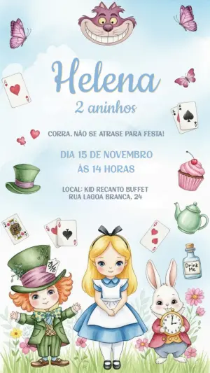 Convite Aniversário Alice no País das Maravilhas para Editar