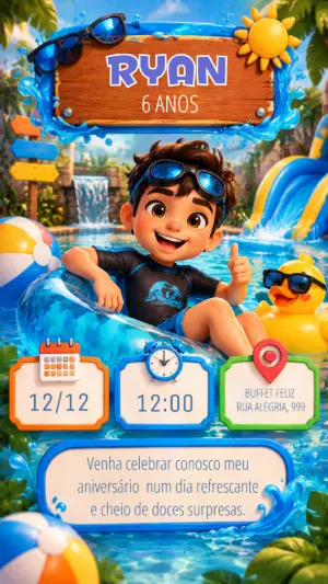 Convite de Aniversário Festa na Piscina para Menino Editável