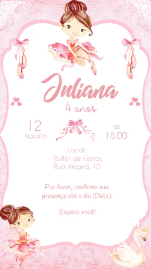Convite de Aniversário Bailarina Aquarela Editável