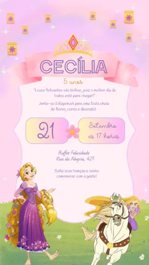 Convite de Aniversário Rapunzel Rosa e Lilás para Editar