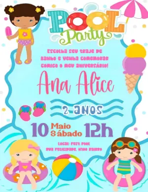 Convite Aniversário Pool Party Menina para Editar Online