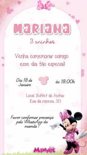 Convite de Aniversário Minnie Rosa Delicado para Editar