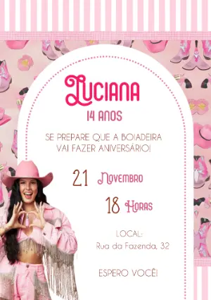 Convite de Aniversário Boiadeira Rosa Country para Editar