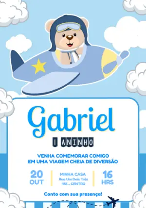 Convite de Aniversário Ursinho Aviador para Editar Online