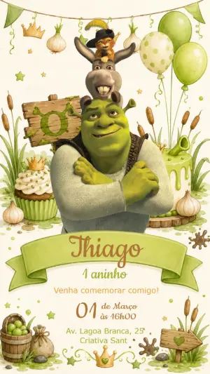 Convite de Aniversário Shrek em Aquarela para Editar
