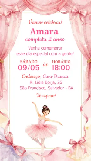 Convite de Aniversário Bailarina Rosa Delicado para Editar